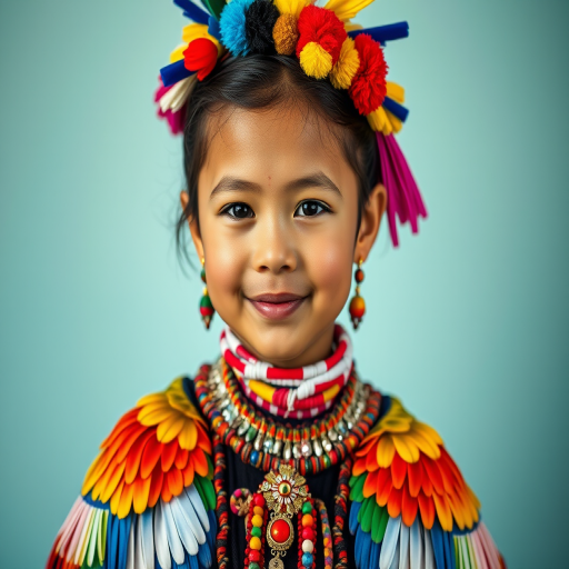 A beautiful Aymara girl, wearing colorful bird clothing with vibrant colors