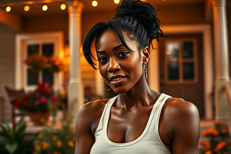 A photo of Angela Bassett with a background of a cozy porch. She has dark hair pulled back in an updo, with tendrils framing her face. She wears a white tank top and sits on the porch. The porch is part of a well-lit home with a warm, earthy tone and colorful flowers and foliage. The overall scene has a warm, welcoming, and comfortable ambiance.