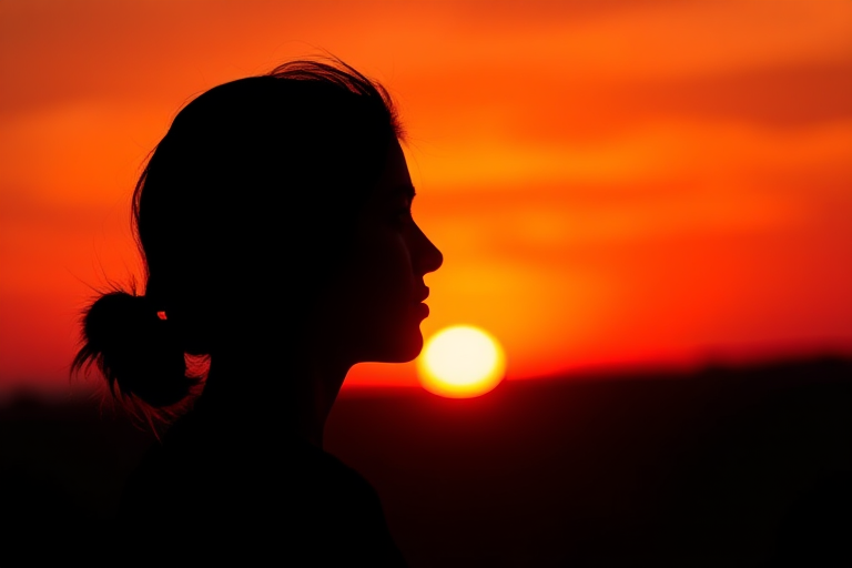 Generate a high-resolution image of a silhouette of a person's head in profile against a vibrant sunset backdrop with warm colors, shot with a DSLR camera using aperture f/2.8, ISO 100, 50mm lens, in natural light, focusing on the silhouette details.