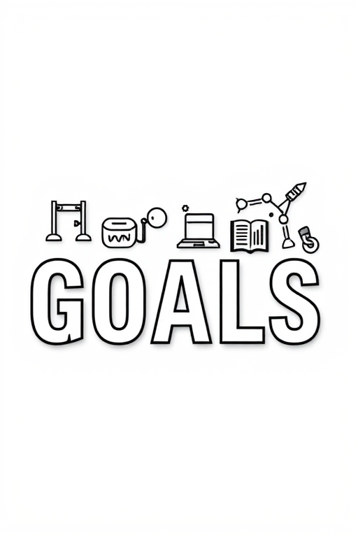 Create a high-resolution image of the word "GOALS" in a modern, professional font, incorporating icons representing planning, creativity, strategy, and achievement, using a clean white background, with a slight drop shadow; camera settings: f/4 aperture, ISO 100, shutter speed 1/125 sec; camera view: eye level; camera style: minimalist; camera type: DSLR.