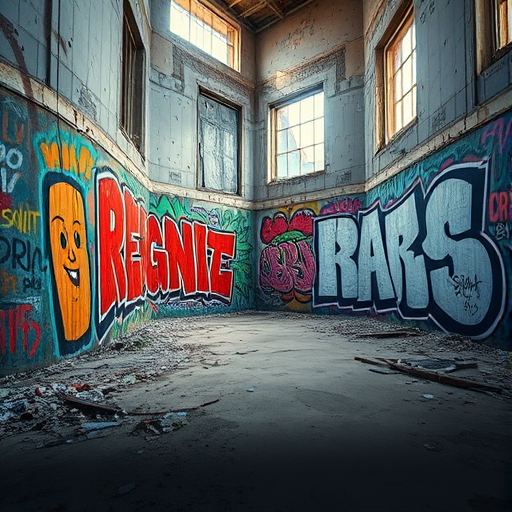 Regenerate an urban graffiti scene featuring vibrant wall art in an abandoned building, captured with a Canon EOS 5D Mark IV, 24mm lens, aperture f/8, ISO 200, shutter speed 1/125s, shot in natural light from a low angle to highlight the textures and colors.