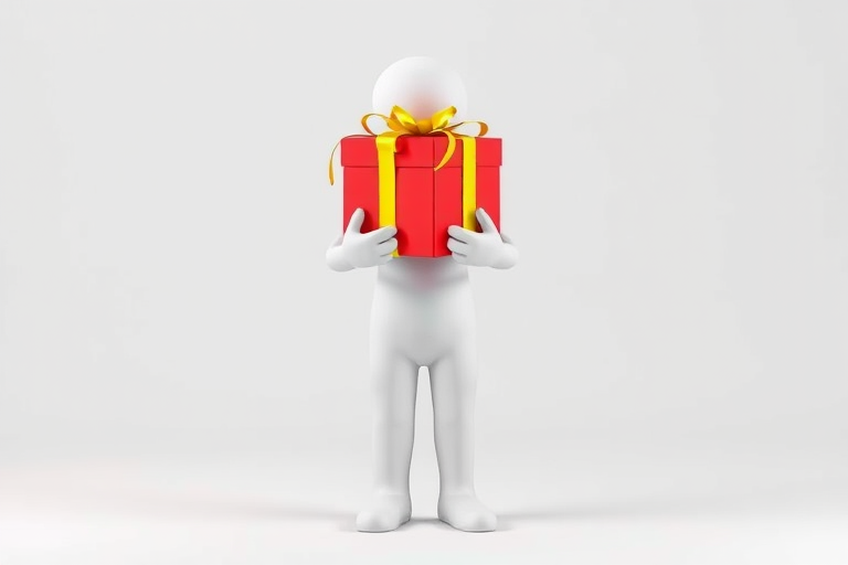 Create a 3D render of a simple white humanoid figure holding a red gift box with yellow ribbons, soft lighting, studio view, aperture f/2.8, ISO 100, shutter speed 1/125s, using a DSLR camera.