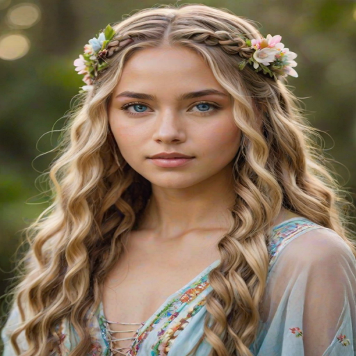 Create an image of a young Pacific Islander woman with long, wavy blonde hair, adorned with small, colorful flowers woven into her braids and loose strands. Her complexion is fair, with soft, glowing skin, and she has light blue eyes that gaze softly at the viewer. She wears a light, flowing dress with a gentle, ethereal quality, complementing her delicate and serene appearance. The background is slightly blurred, drawing focus to her tranquil expression and the intricate details of the flowers in her hair. The overall mood of the image is one of natural beauty and grace, evoking a sense of peacefulness and connection with nature.