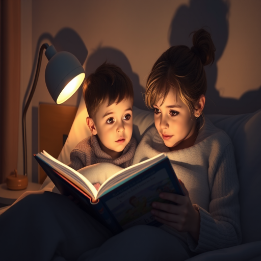 High-resolution, warmly lit image of a mother reading a bedtime story to her child, soft glow from a nearby lamp illuminating the pages, the child's eyes wide with wonder, a blanket pulled up to their chin, shadows from the storybook dancing on the walls.