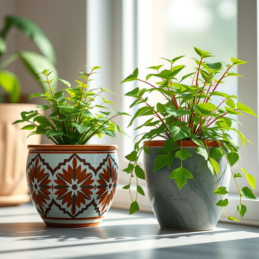 Create a high-resolution 3D rendering of two decorative plant pots with lush green foliage, using a Canon EOS R5 camera with a 50mm lens at f/1.8, ISO 100, and a soft natural light setting, captured from a low angle for depth and detail enhancement.