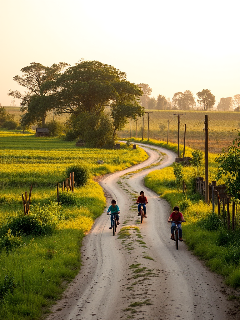 Capture a serene rural landscape featuring a winding dirt road with children riding bicycles, lush greenery on either side, natural lighting during golden hour, using a DSLR camera with a 50mm lens at f/2.8, ISO 200, 1/250 sec, from a slightly elevated angle to create depth and enhance image quality.