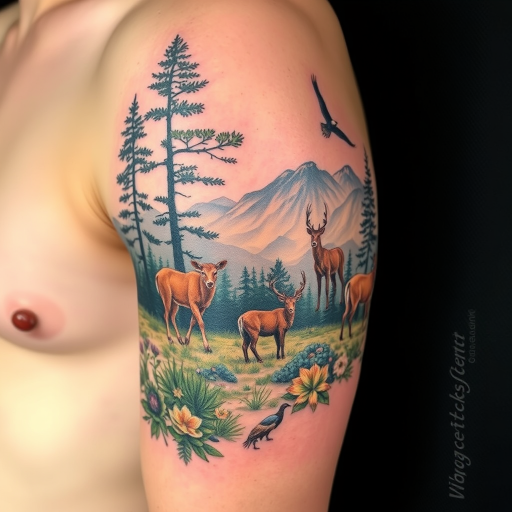 Photorealistic nature tattoo named "Wild Serenity" depicting a hyper-detailed landscape scene with animals and plants so lifelike they appear to be a photograph imprinted on the skin