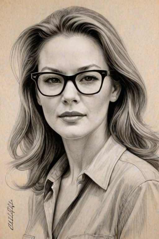 Exquisite Diane Lane, pencil sketch, portrait of Alluring woman 1942s in glasses, hair style beatnik, outline, clear lines, fine lines, 8k