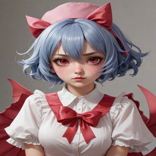 surime, 1girl, anger vein, angry, ascot, bat wings, blue hair, blush, bow, breasts, brooch, collarbone, dress, eyes visible through hair, fang, fingernails, frilled shirt collar, frills, hair between eyes, hands up, hat, hat ribbon, jewelry, looking at viewer, medium hair, mob cap, nail polish, open mouth, pink dress, pink headwear, pink nails, pink shirt, pointy ears, puffy short sleeves, puffy sleeves, red ascot, red bow, red eyes, red ribbon, remilia scarlet, ribbon, shirt, short hair, short sleeves, skin fang, solo, sweat, tears, trembling, upper body, wide-eyed, wings