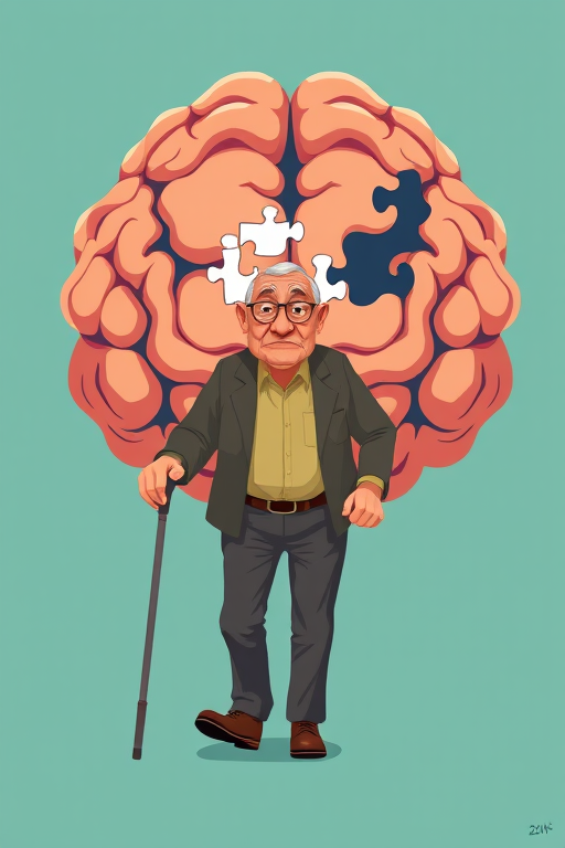 Create an illustration of an elderly man with a cane, appearing puzzled, walking in front of a large stylized brain with missing puzzle pieces, using a soft focus lens, aperture f/2.8, ISO 100, shot from a low angle with vibrant colors and minimalistic design.