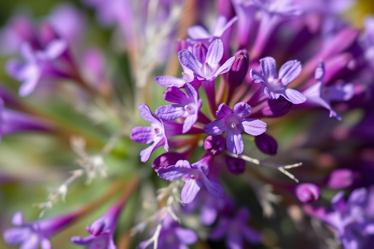 close-up of a vibrant cluster of purple flowers with fine, feathery foliage, taken with a Canon EOS 90D, 100mm macro lens, aperture f/2.8, ISO 200, shutter speed 1/250 sec, natural light, sharp focus on flowers with a blurred background for depth.