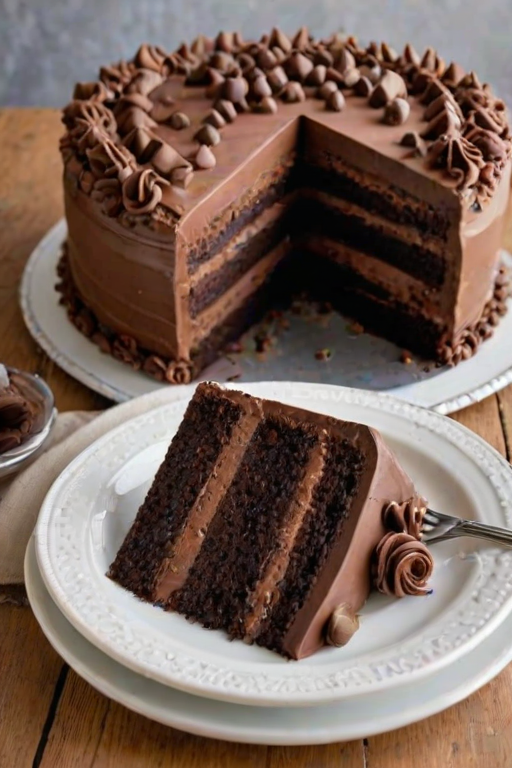 Create an image of a beautifully decorated chocolate cake with a rich chocolate frosting. The cake should be layered, showcasing a slice that reveals three distinct chocolate layers: a dark chocolate layer, a milk chocolate layer, and a light chocolate mousse layer. The outer layer of the cake should be adorned with chocolate chips and a decorative piped frosting border on top. Include a small bowl of chocolate chips in the background to accentuate the theme. The setting should be bright and inviting, with a light-colored plate and a simple fork beside the slice.
