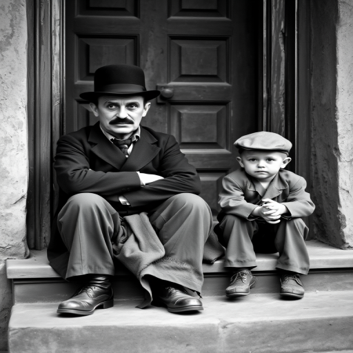 A black-and-white photograph of a man and a child sitting on steps in front of a doorway. The man is dressed as a tramp with a bowler hat, mustache, and ragged clothes, reminiscent of Charlie Chaplin's iconic look. He is sitting with his arms crossed and an expression of slight sadness or frustration. Next to him is a young boy, also in worn clothes and a cap, sitting with his hands clasped, looking thoughtful. The background is an old, textured wall and a partially open door, creating a vintage, early 20th-century atmosphere.