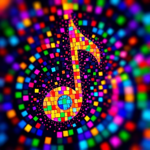 Generate an abstract image of a colorful musical note with a vibrant mosaic pattern, captured with a Canon EOS R5 at f/1.8, ISO 100, with a wide-angle lens, ensuring a high-resolution output.