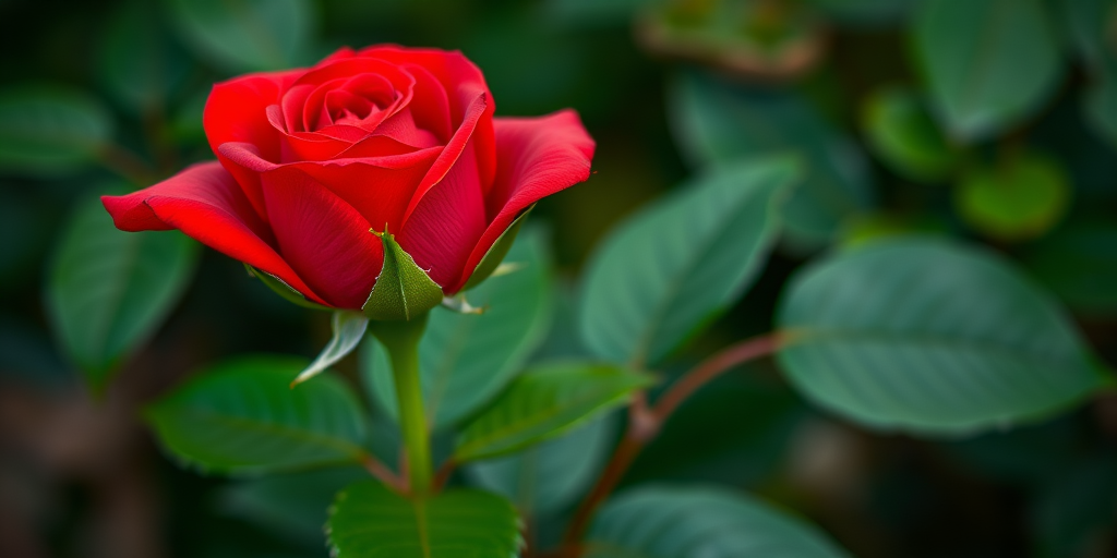 visualize a red rose with green leaves in a realistic style, camera settings f/2.8, ISO 100, shutter speed 1/200s, camera view close-up, camera style vibrant colors, camera type DSLR