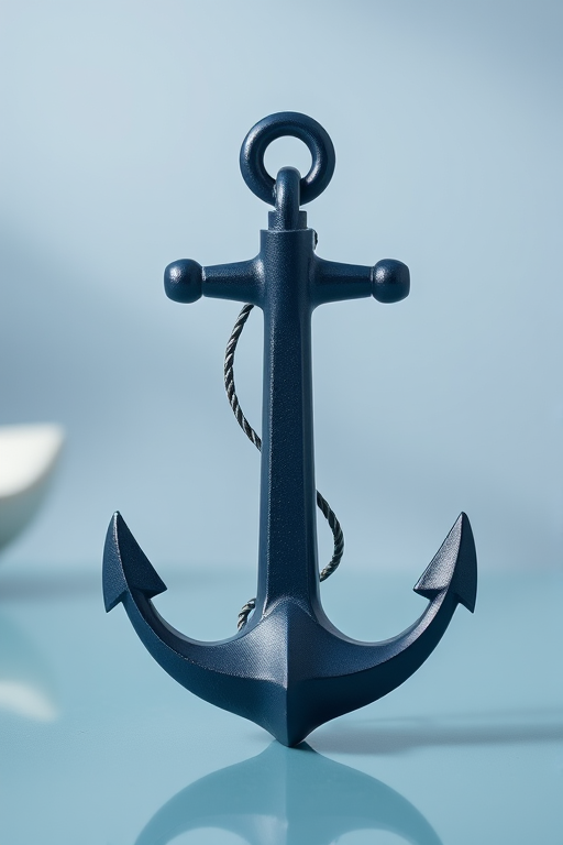 Create a high-resolution image of a navy blue anchor on a transparent background with soft lighting, using a DSLR camera at f/2.8, ISO 100, shutter speed 1/125 sec, shot from a slightly elevated angle to enhance depth.