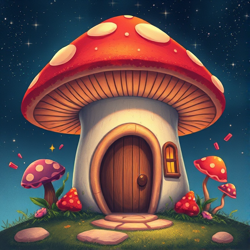 generate illustration of a mushroom house with a door and a window, a storybook , fantasy art, mushroom house, bg starry sky, sparkles