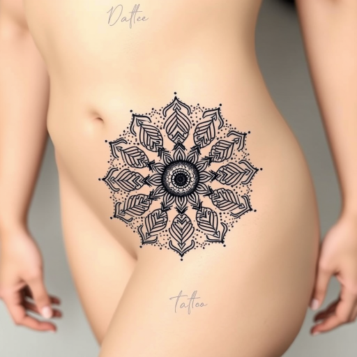 Ornate dotwork mandala tattoo encircling the navel, showcasing intricate geometric patterns and symmetrical designs created entirely with tiny, precisely placed dots for a mesmerizing effect