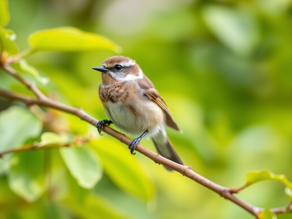 A small bird perched on a branch with soft green leaves in the background, taken with a Canon EOS 90D, 100mm lens, aperture f/2.8, shutter speed 1/500s, ISO 200, natural light, shallow depth of field for a blurred background.