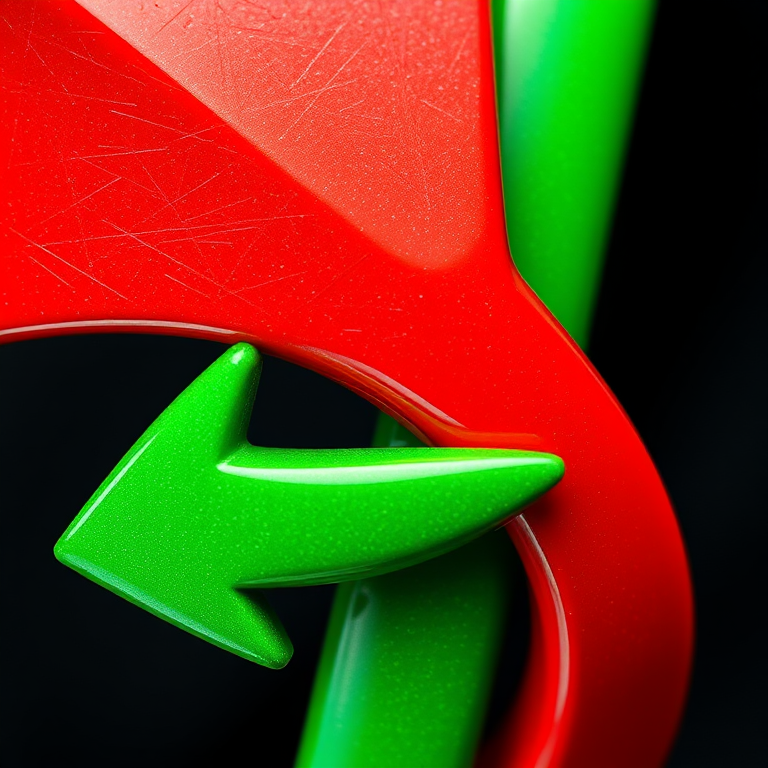 Generate an image of a stylized abstract design featuring a red arrow and a green arrow intertwined, emphasizing glossy textures and vibrant colors, captured with a DSLR camera at f/8 aperture, ISO 100, 50mm lens, in a macro view with soft focus background to enhance depth.