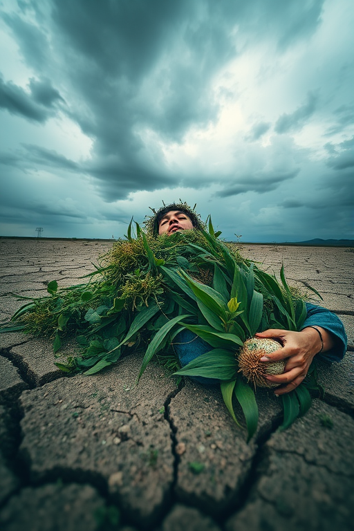 generate an image of a person merging with nature, covered in green plants and grass, lying on a cracked dry landscape, overcast sky with dramatic clouds, use a Canon EOS R5, aperture f/5.6, shutter speed 1/250s, ISO 200, wide-angle view, high dynamic range style