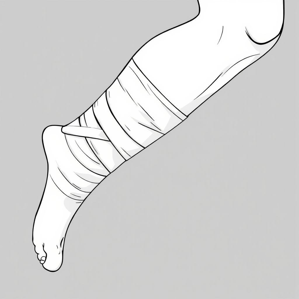 Create a high-resolution black and white illustration of a bandaged leg in a side view, using a detailed vector style with smooth lines, captured with a DSLR camera at f/8 aperture, ISO 100, and a focal length of 50mm to enhance clarity and contrast.