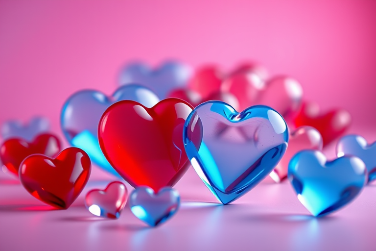 Create a vibrant 3D rendering of red and blue hearts surrounded by transparent glass hearts, soft focus background with gradient of purple and pink, shot with a 50mm lens at f/2.8, ISO 100, in a studio lighting environment, using a Nikon D850.