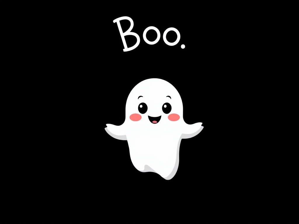 Cute cartoon ghost with a smiling face on a black background and the word "Boo" written above in a playful font.