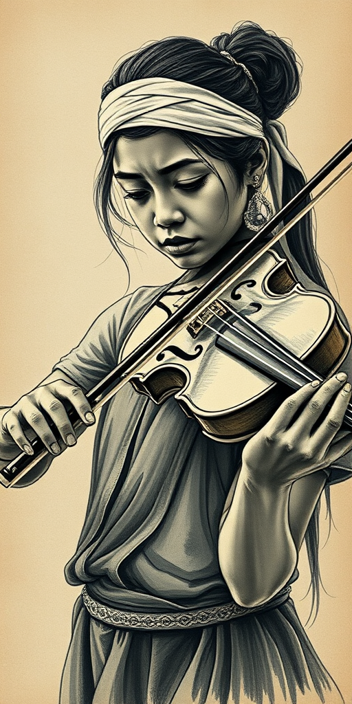 a young Maori woman with a white headband playing a violin, in the style of a charcoal drawing, sepia grunge background
