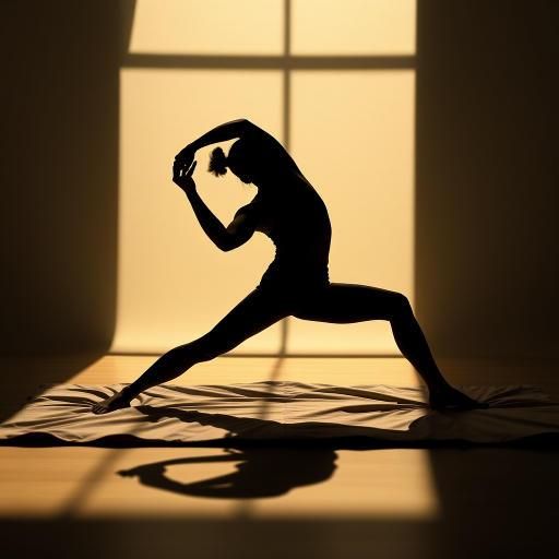 Create a high-contrast silhouette of a person stretching on a soft surface, shot with a Canon EOS R5, 50mm f/1.2 lens, aperture at f/2.8, ISO 100, and in natural light to enhance shadows and textures.