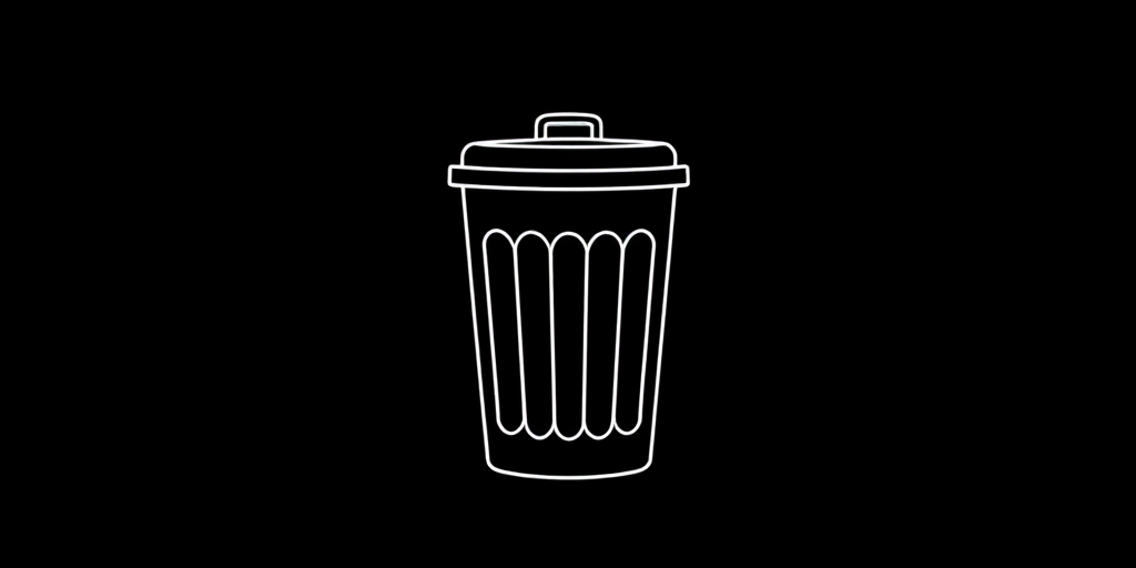 Create a minimalist, white line art illustration of a trash can on a solid black background, using a Canon EOS R5 with a 50mm f/1.8 lens, aperture set to f/2.8, ISO 100, and a shutter speed of 1/125s for enhanced clarity and detail.