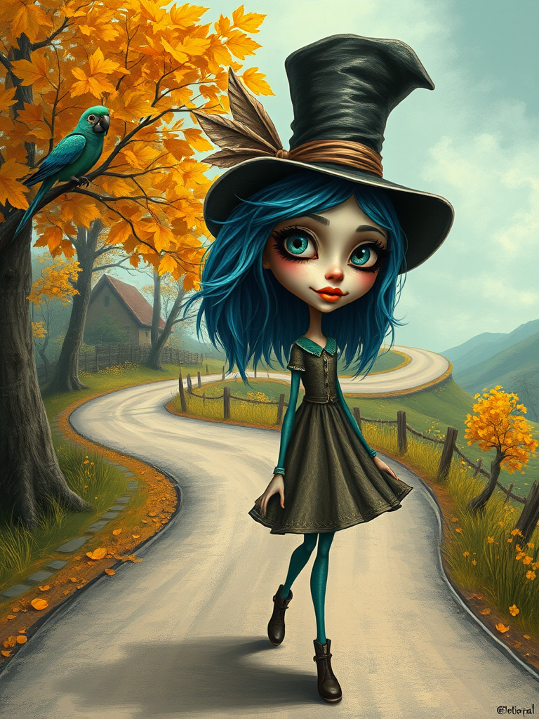 digital art fantasy depicting a strange girl with blue hair, long eyelashes, Yellow lipstick and a tall hat walking along a winding road on an autumn afternoon, an Parrot smiles as she passes