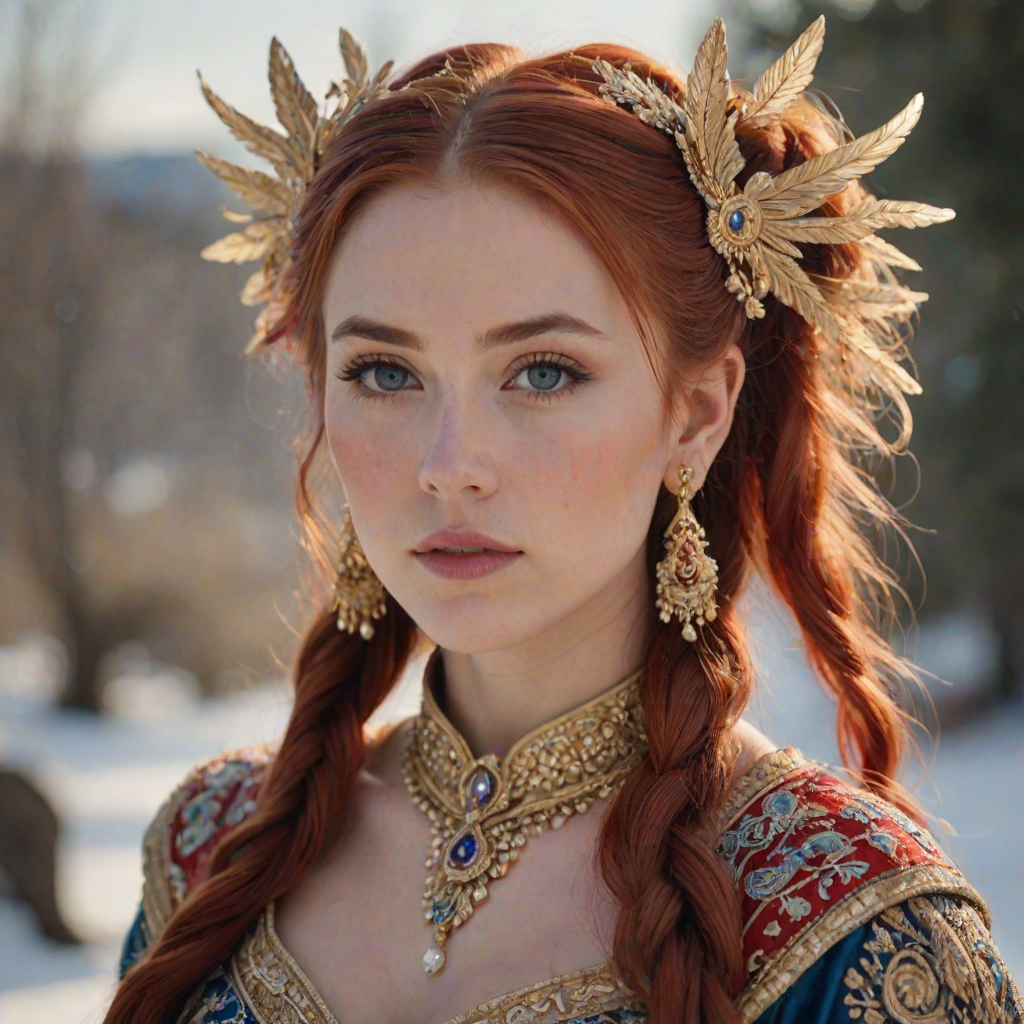 A young woman with long, flowing red hair, wearing a traditional, ornate red and blue costume with gold accents and intricate embroidery, stands facing the viewer in a close-up portrait. Her hair is styled in a high ponytail and adorned with a pair of golden, winged hairpieces. She wears gold earrings and her makeup is accented with light pink blush and a bright red lip. She has a soft and slightly melancholic expression, with her eyes looking directly at the camera. The background is a blurred, out-of-focus snowy landscape, with the woman in the foreground. The lighting is soft and natural, creating a warm, intimate atmosphere. The image is composed using a shallow depth of field, with the woman as the main focal point. The overall style is elegant, delicate, and fairytale-like.