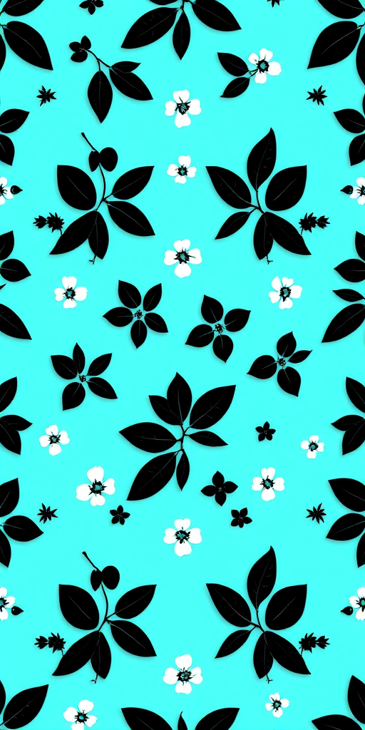 pattern design of black leaves and flowers evenly spaced on a bright turquoise background, high resolution, shot with a DSLR camera at f/8 aperture, ISO 200, 50mm lens, natural lighting, top-down view for clarity and detail