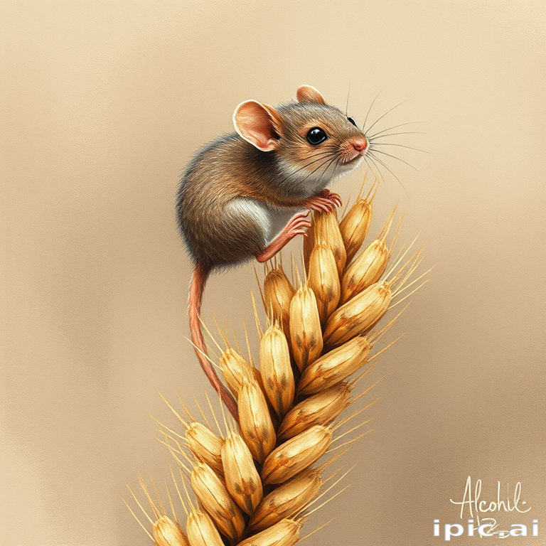 Soft, muted Alcohol Ink with ebru effect background image of tiny whimsical mousey, who climbed high on the top of a golden rye ear.