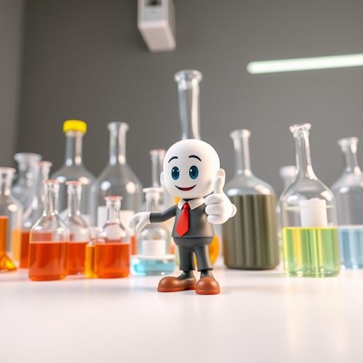 3D character giving a thumbs up next to a variety of laboratory glassware and bottles, soft lighting, shallow depth of field, camera settings: f/4, ISO 100, shutter speed 1/125s, view from a low angle, studio photography style, DSLR camera type.