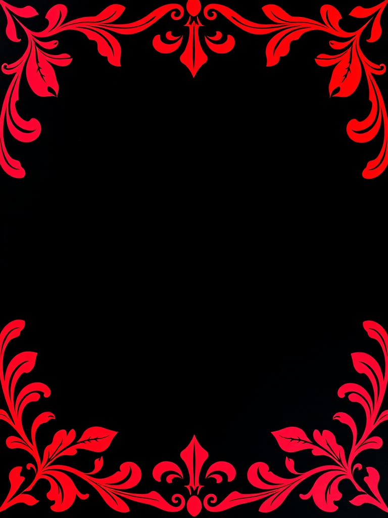 Create a vibrant image of an intricate red decorative border with flowing leaf patterns on a black background, captured with a DSLR camera, using a 50mm lens, f/2.8 aperture, ISO 100, and soft lighting for enhanced detail and contrast.