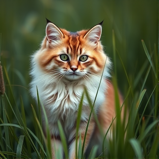 A detailed image of a fluffy cat sitting in tall green grass, captured with a Canon EOS 5D Mark IV, 50mm lens, aperture f/2.8, shutter speed 1/200s, ISO 100, in natural light, focusing on the cat with a slight bokeh effect in the background to enhance depth and quality.