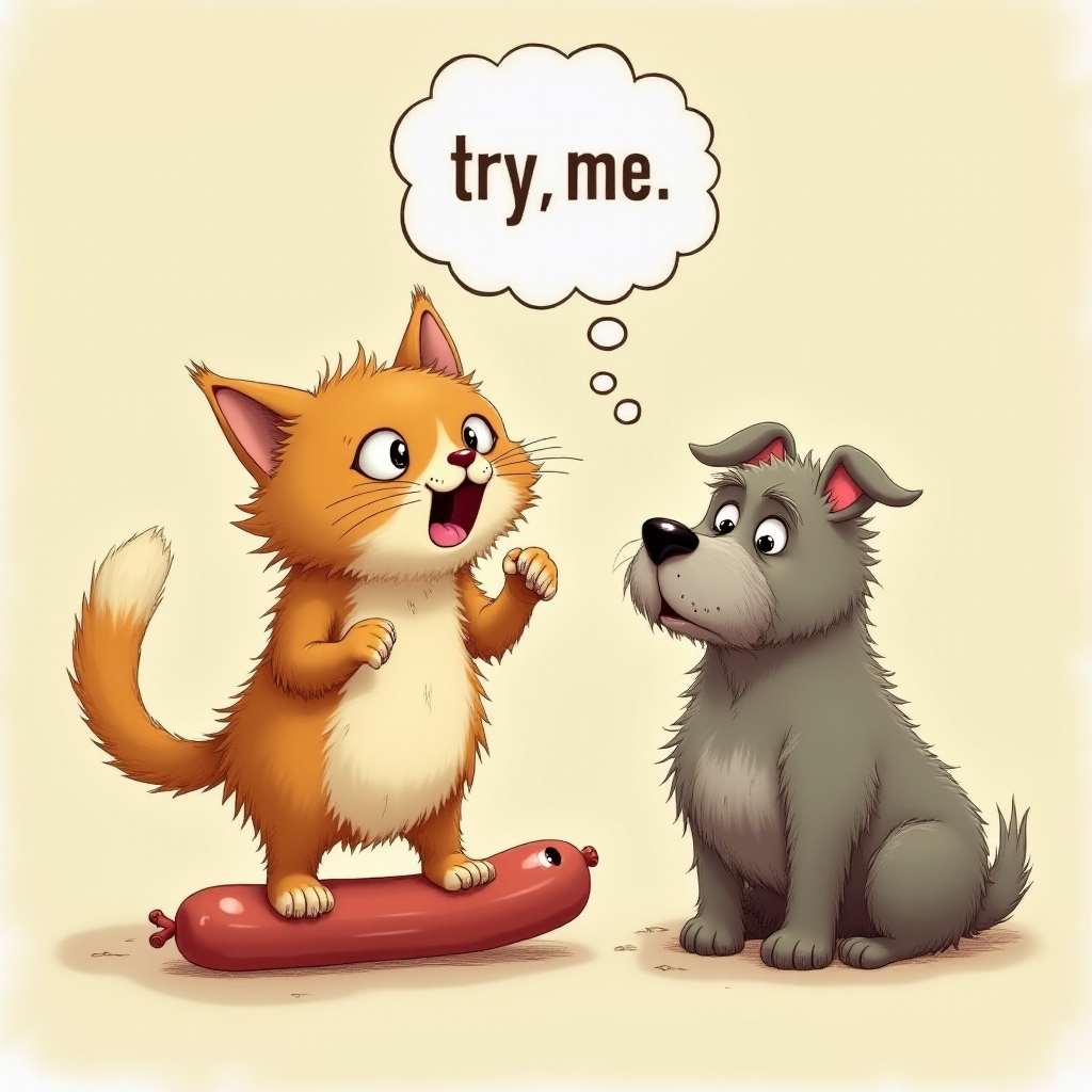caricature of a silly whimsical fluffy cat with a mean look she has one foot on a sausage and is looking at an old scraggly big dog the cat has a thought bubble above her head that says “try,me"