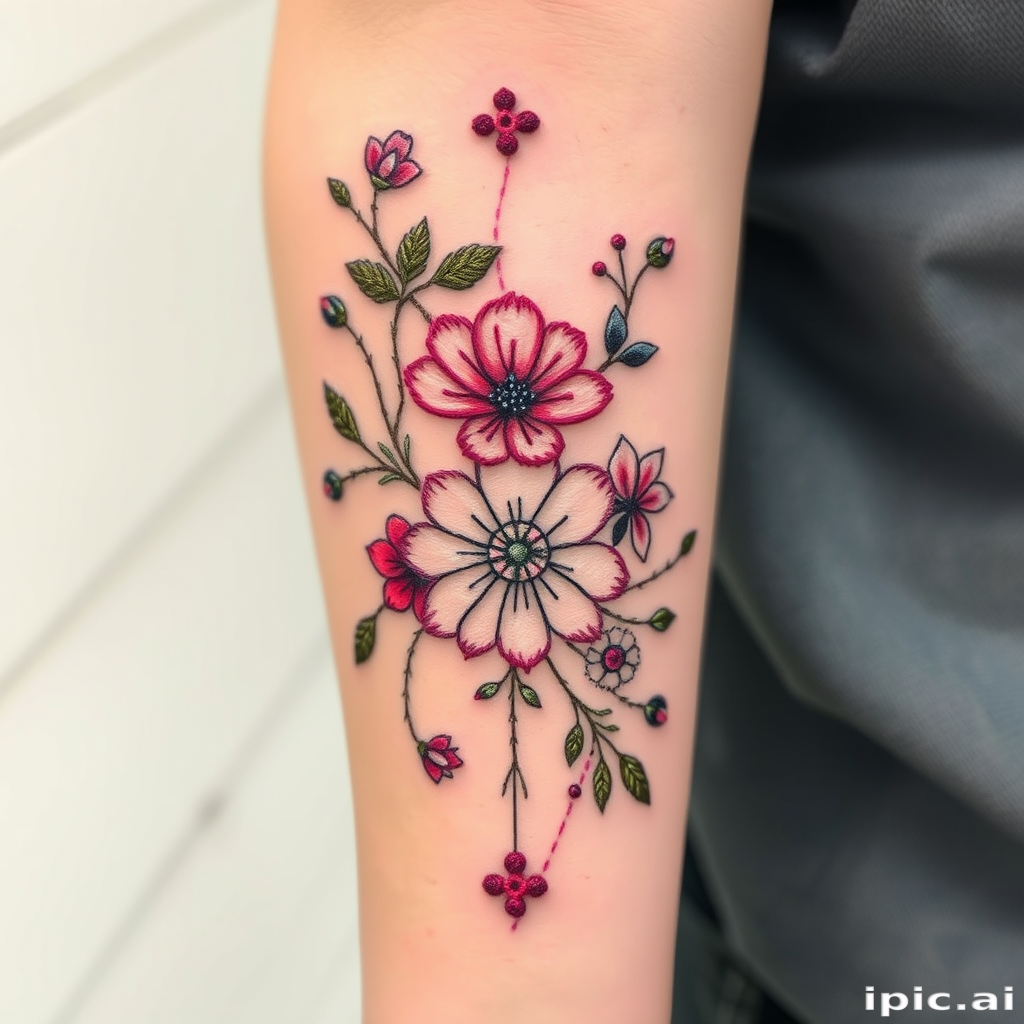 Embroidery-inspired tattoo titled "Stitched Memories" featuring delicate floral patterns and personal symbols rendered to mimic the texture and dimension of embroidered fabric, incorporating subtle color gradients and strategically placed white highlights for a 3D effect