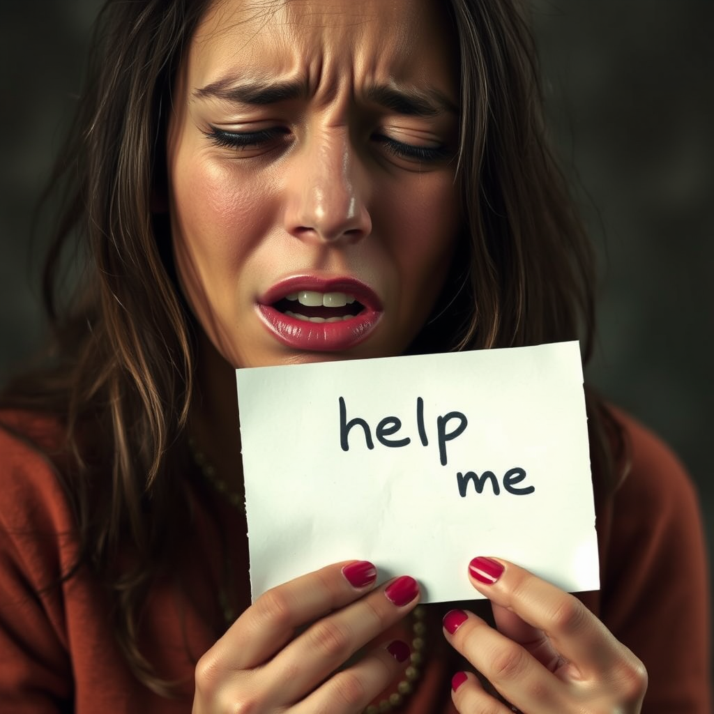 crying woman holding a note which says "help me"