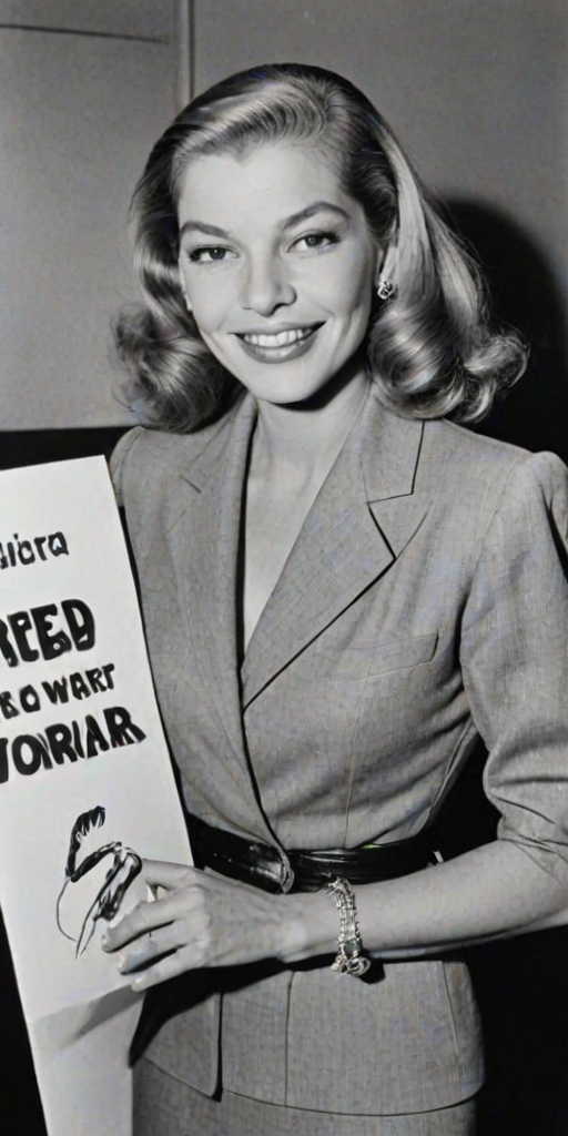 caricature of a smiling Lauren Bacall in a Vivid dress or suit, holding up a sign that says "NEED A JOB", no watermark,
