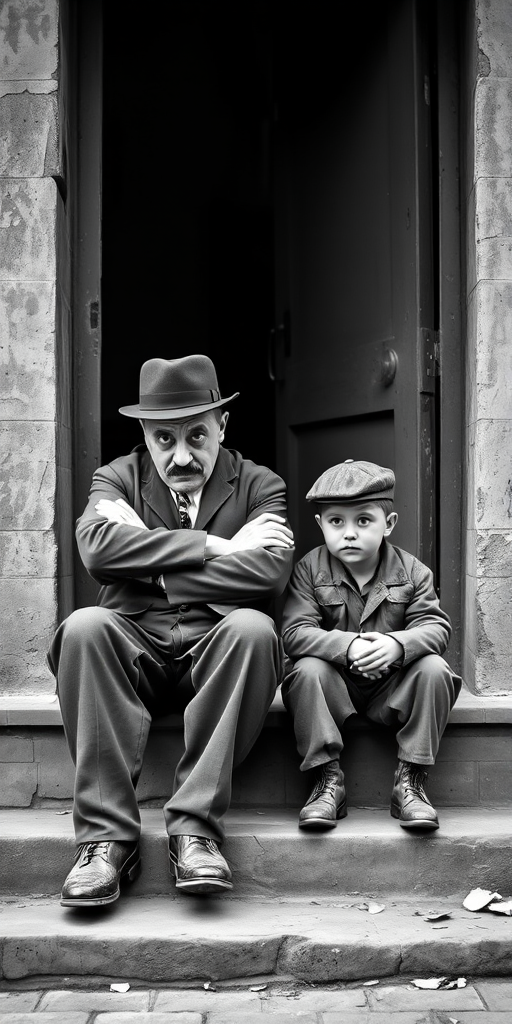 A black-and-white photograph of a man and a child sitting on steps in front of a doorway. The man is dressed as a tramp with a bowler hat, mustache, and ragged clothes, reminiscent of Charlie Chaplin's iconic look. He is sitting with his arms crossed and an expression of slight sadness or frustration. Next to him is a young boy, also in worn clothes and a cap, sitting with his hands clasped, looking thoughtful. The background is an old, textured wall and a partially open door, creating a vintage, early 20th-century atmosphere.