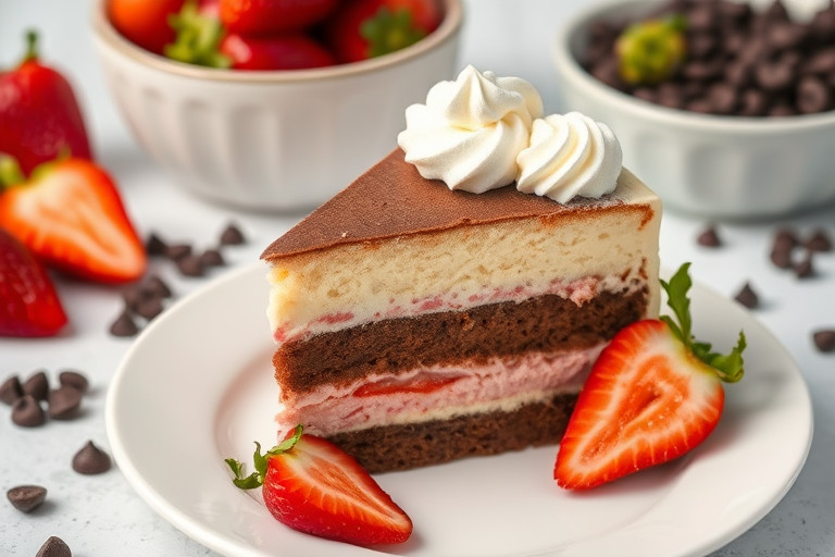 A slice of multi-layered cake on a white plate with chocolate, strawberry, and vanilla layers garnished with whipped cream and fresh strawberries on the side. The background includes a bowl of strawberries and chocolate chips scattered around.