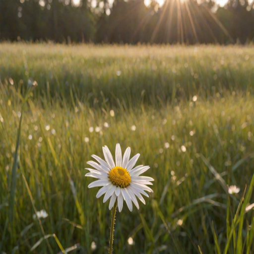 Soft-focus close-up of a single daisy growing in a field of tall grass, soft morning light illuminating the delicate petals, with distant trees barely visible on the horizon.