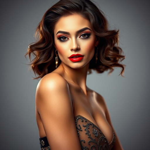 Studio portrait, female model, elegant couture dress, bold makeup, dramatic lighting, Utilize a 50mm portrait lens for crisp details and a soft background blur, 8k
