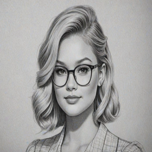 Elegant Olivia Holt, pencil sketch, portrait of Radiant woman 1940s in glasses, hair style beatnik, outline, clear lines, fine lines, 8k