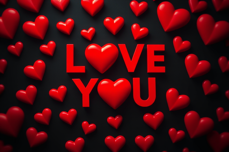 Create a vibrant digital illustration of the phrase I LOVE YOU surrounded by multiple layers of red hearts on a dark background, using a Canon EOS R5 camera, 50mm lens, f/1.8 aperture, and a shallow depth of field to enhance clarity and color contrast.