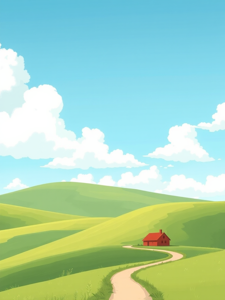 Create a serene landscape illustration featuring rolling green hills and a small house by a winding path under a bright blue sky with fluffy clouds, using a medium format camera at f/8 aperture, 50mm lens, natural lighting, and a soft pastel color palette.