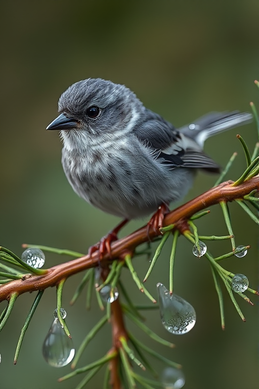 Capture a close-up of a dark-eyed junco perched on a pine branch with dew droplets on the needles, using a Canon EOS R5 with a 100mm macro lens, aperture set to f/2.8, shutter speed at 1/200s, ISO 400, natural lighting to enhance textures and colors.